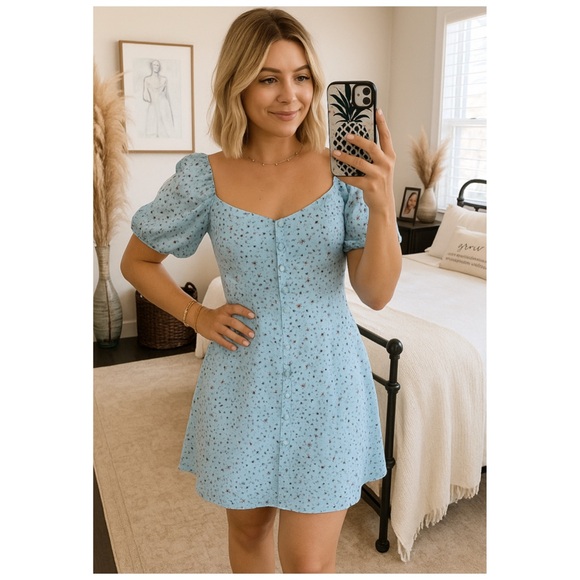 NWT BUDDY LOVE Blue Jennifer Puff Sleeve Star Print Mini Dress XS Starbright - Picture 4 of 14